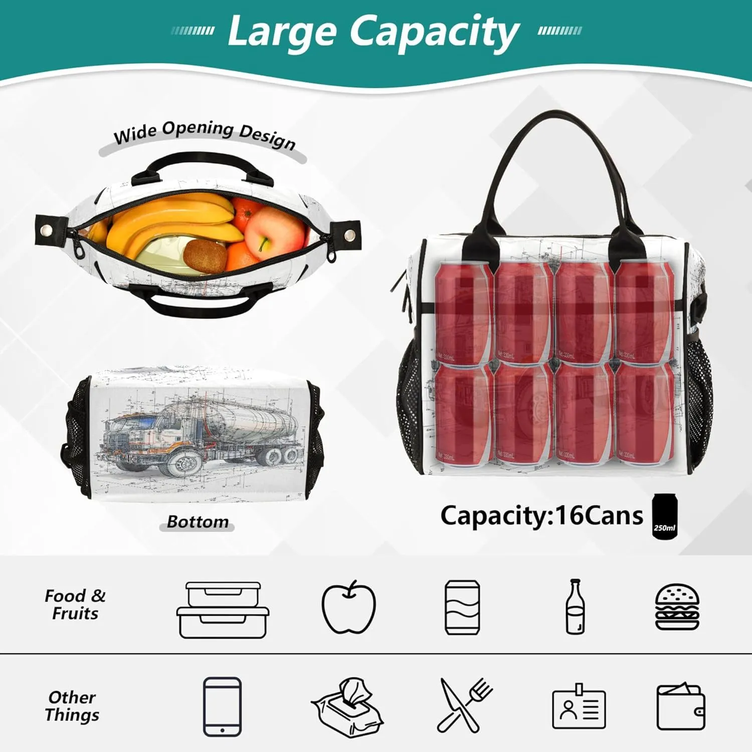 Women Lunch Bag with Side Pocket Cooler Tote School with Shoulder Strap M Concrete Mixer Truck White