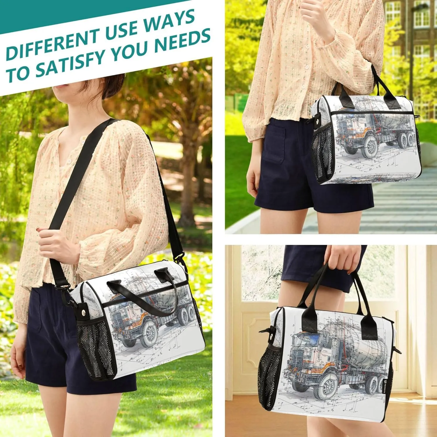 Women Lunch Bag with Side Pocket Cooler Tote School with Shoulder Strap M Concrete Mixer Truck White