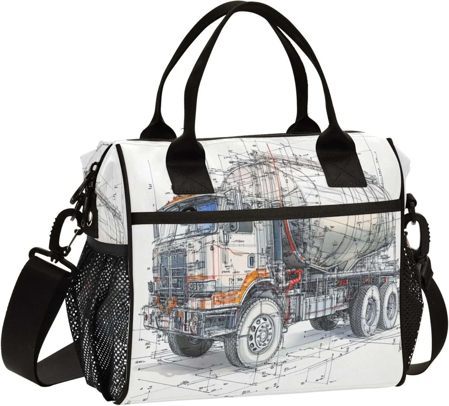 Women Lunch Bag with Side Pocket Cooler Tote School with Shoulder Strap M Concrete Mixer Truck White