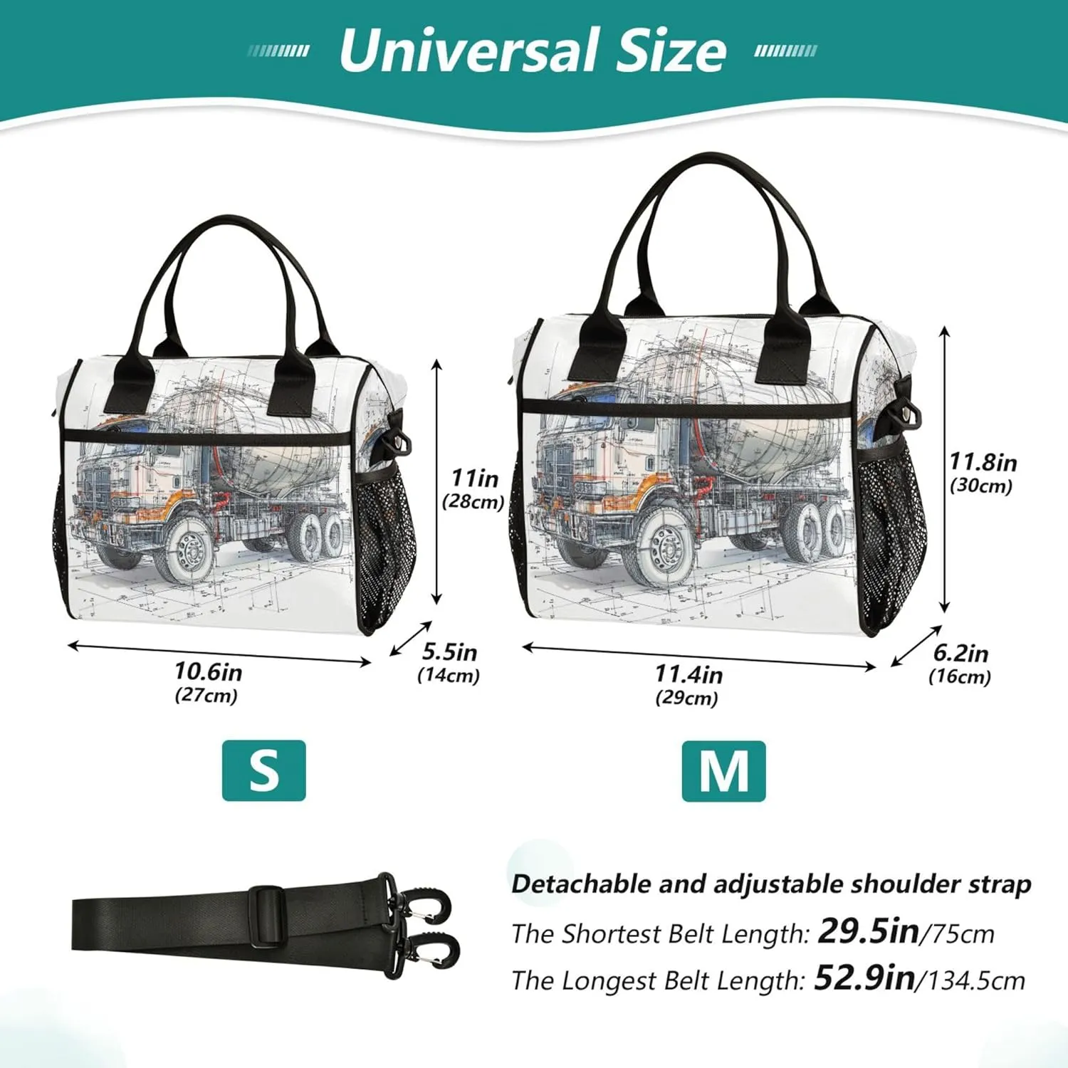 Women Lunch Bag with Side Pocket Cooler Tote School with Shoulder Strap M Concrete Mixer Truck White