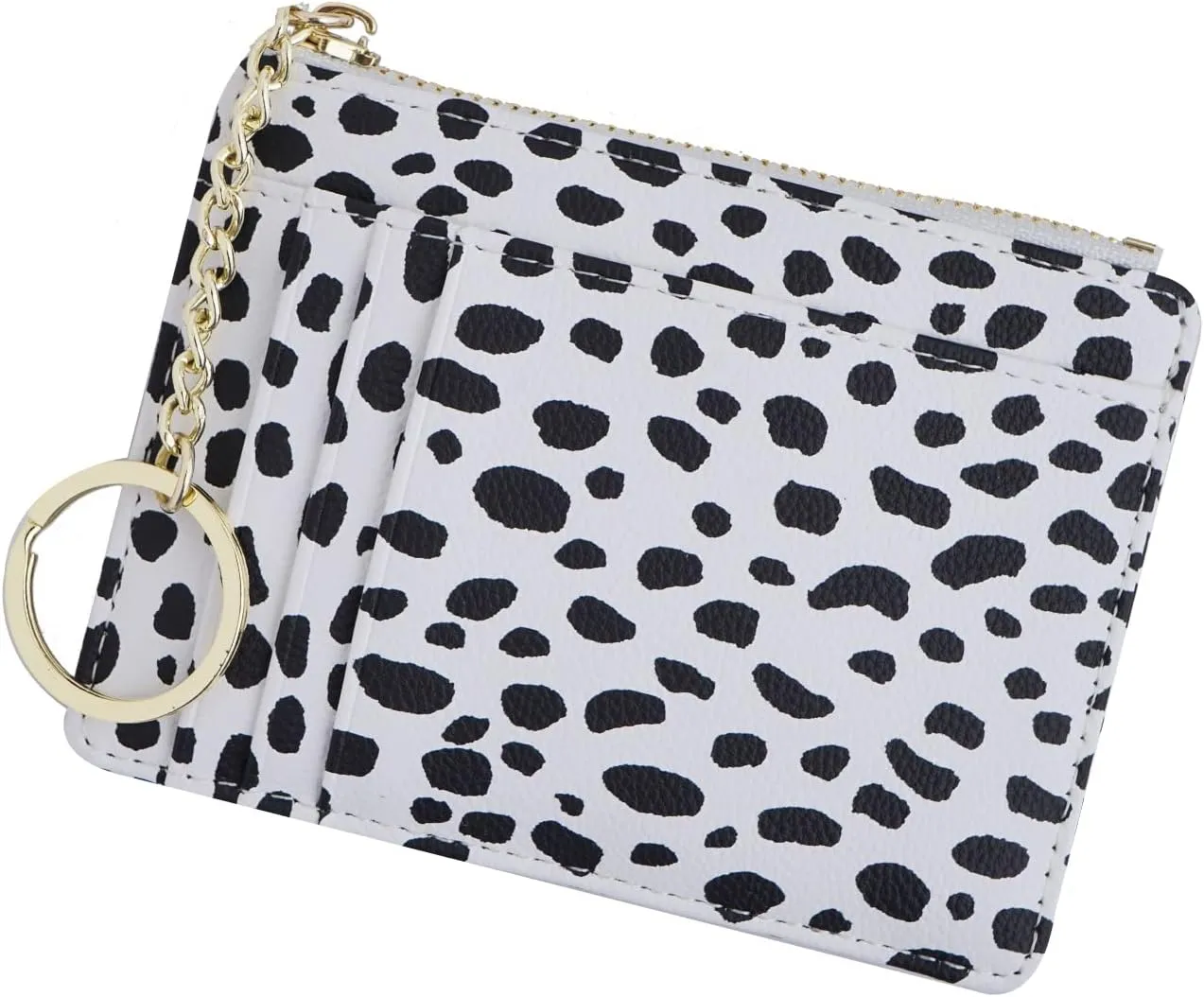Women Slim Leather Card Case Holder Small Wallet Cute Coin Purse Girl Mini Wallet with Keychain (Leopard White)
