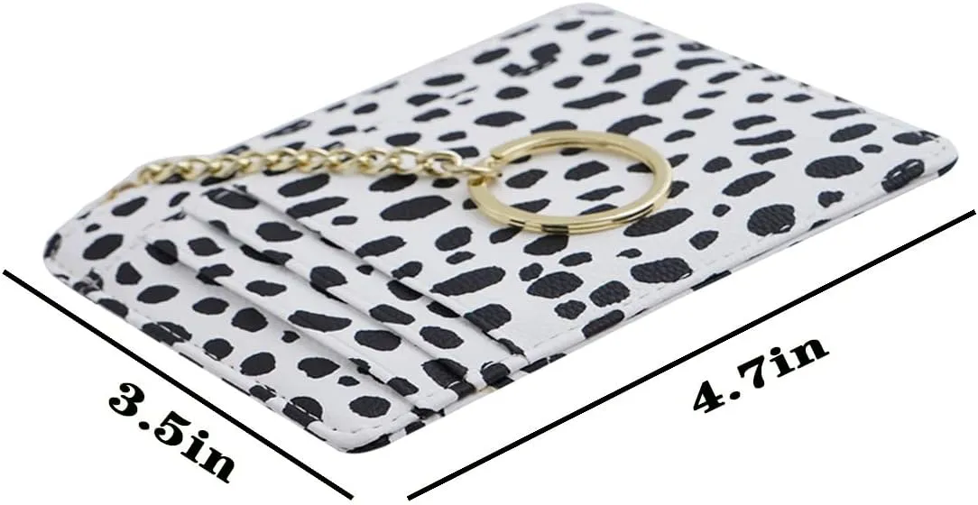 Women Slim Leather Card Case Holder Small Wallet Cute Coin Purse Girl Mini Wallet with Keychain (Leopard White)