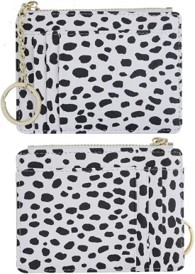 Women Slim Leather Card Case Holder Small Wallet Cute Coin Purse Girl Mini Wallet with Keychain (Leopard White)