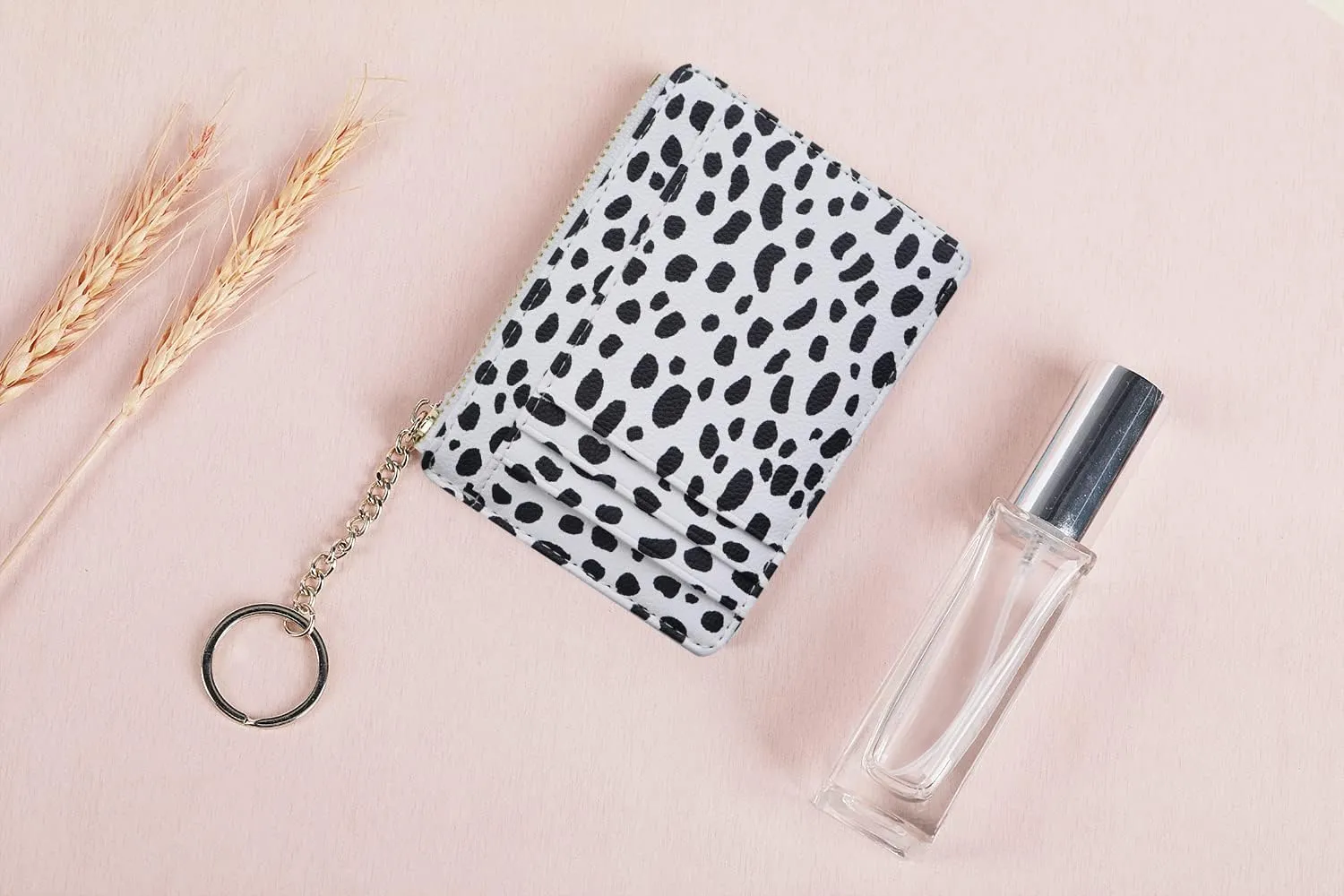 Women Slim Leather Card Case Holder Small Wallet Cute Coin Purse Girl Mini Wallet with Keychain (Leopard White)
