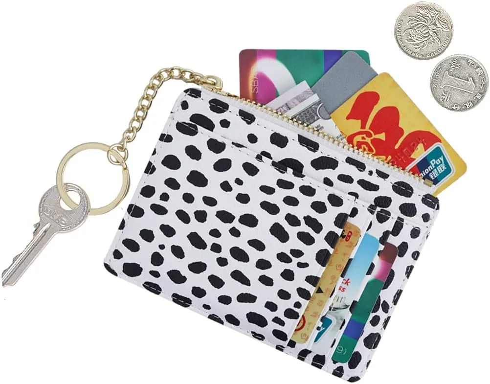 Women Slim Leather Card Case Holder Small Wallet Cute Coin Purse Girl Mini Wallet with Keychain (Leopard White)