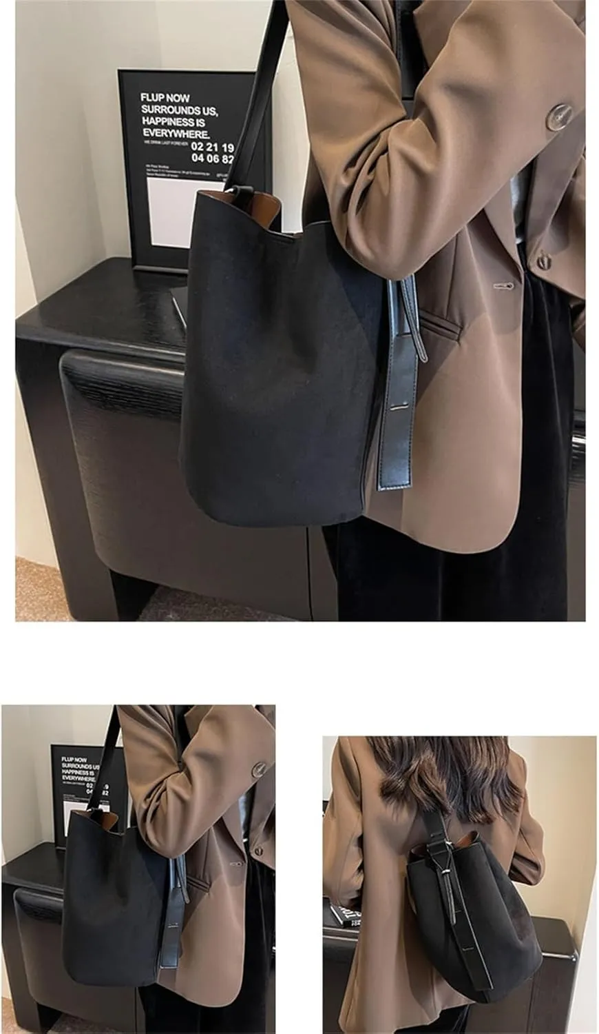 Women Suede Bucket Bag 2025 Fall Bags Trendy Brown Tote Vintage Shoulder Handbag with Pouch Work Purses