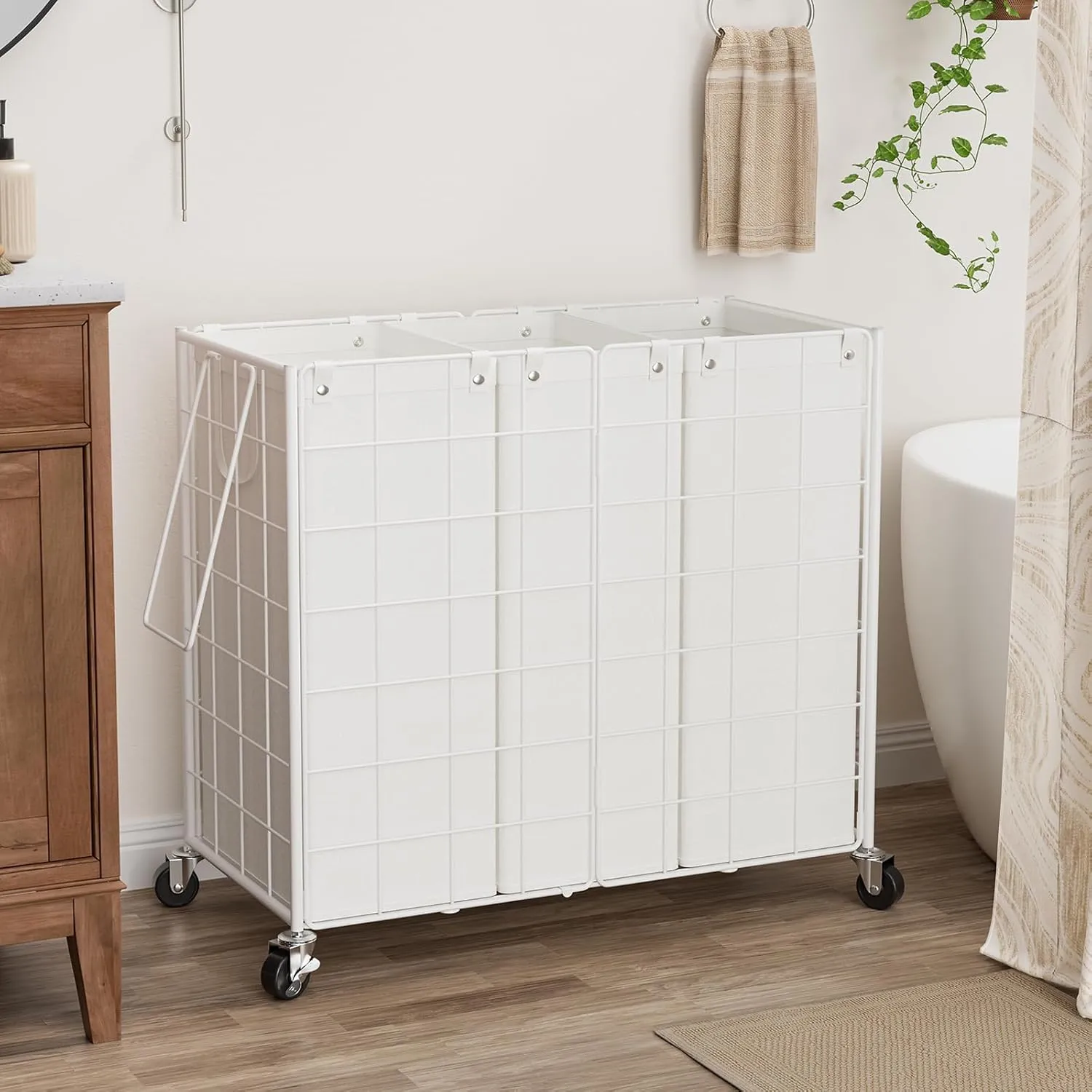 WOWLIVE Laundry Hamper with Wheels,Metal Wire Frame Rolling Laundry Basket 3 Section with Removable bags,155L Dirty Clothes Hamper Organizer Dorm Room Storage for Bedroom,Bathroom,White