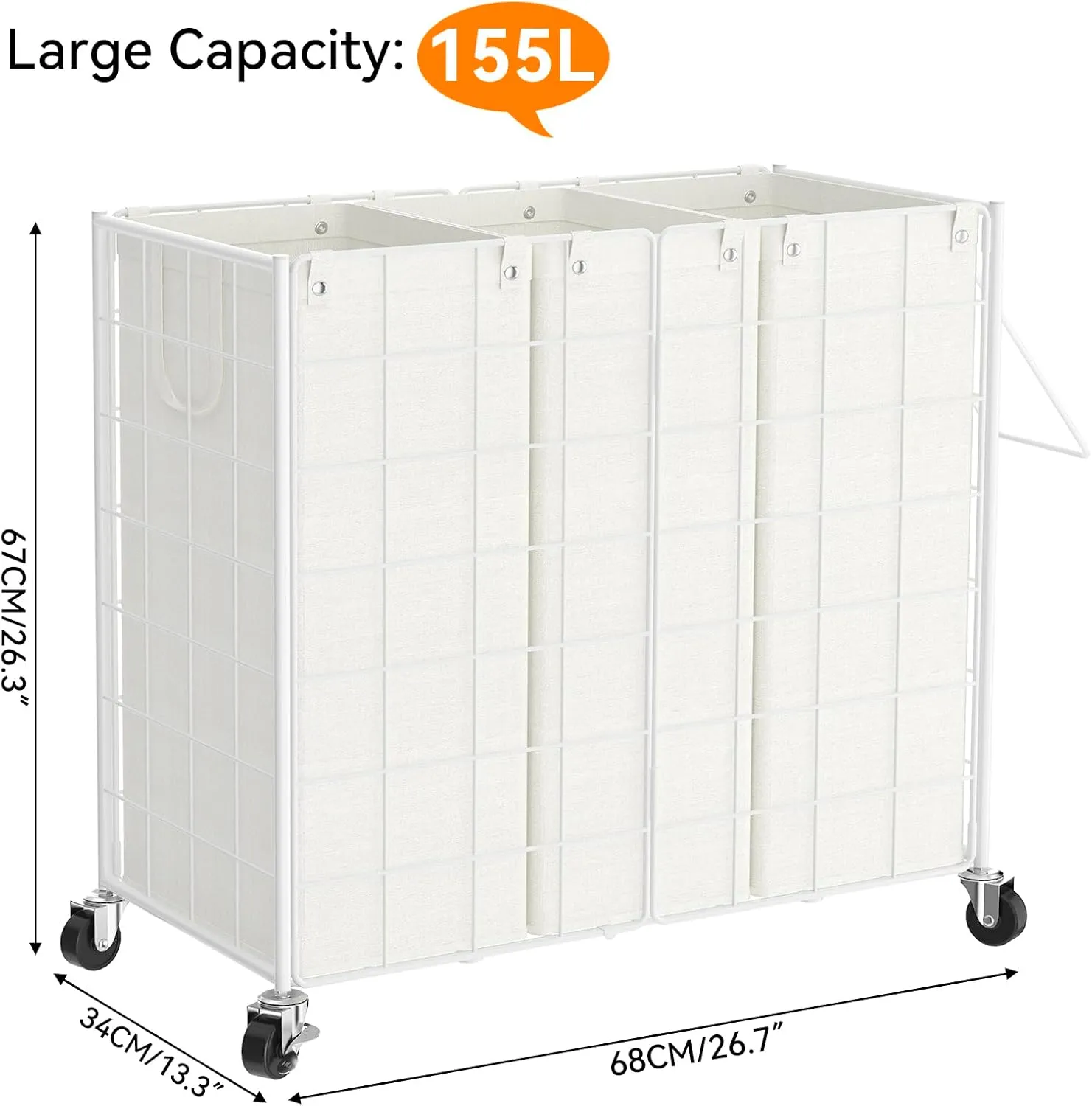 WOWLIVE Laundry Hamper with Wheels,Metal Wire Frame Rolling Laundry Basket 3 Section with Removable bags,155L Dirty Clothes Hamper Organizer Dorm Room Storage for Bedroom,Bathroom,White
