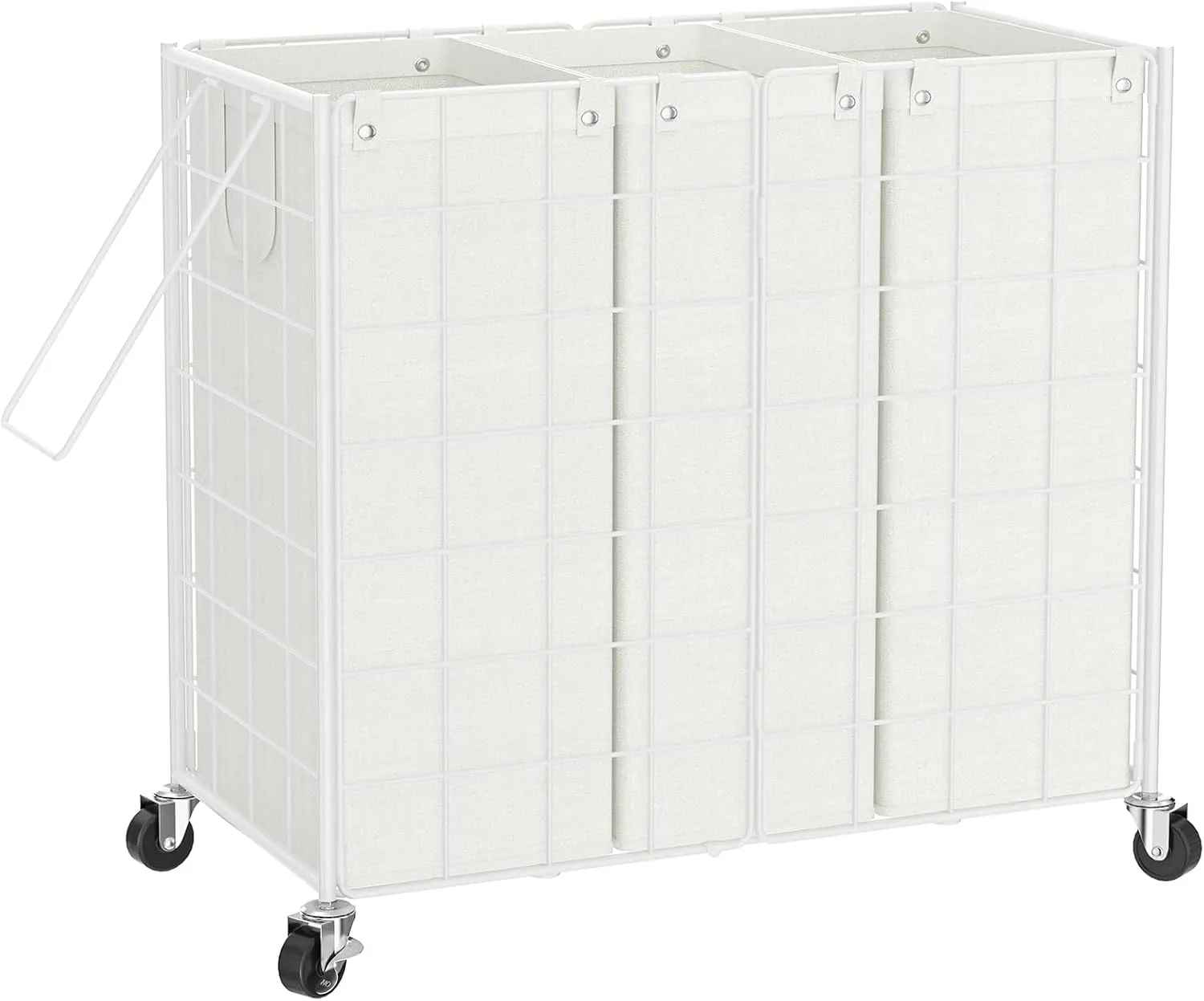WOWLIVE Laundry Hamper with Wheels,Metal Wire Frame Rolling Laundry Basket 3 Section with Removable bags,155L Dirty Clothes Hamper Organizer Dorm Room Storage for Bedroom,Bathroom,White