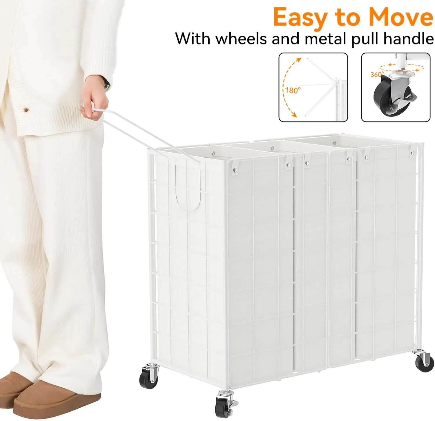 WOWLIVE Laundry Hamper with Wheels,Metal Wire Frame Rolling Laundry Basket 3 Section with Removable bags,155L Dirty Clothes Hamper Organizer Dorm Room Storage for Bedroom,Bathroom,White