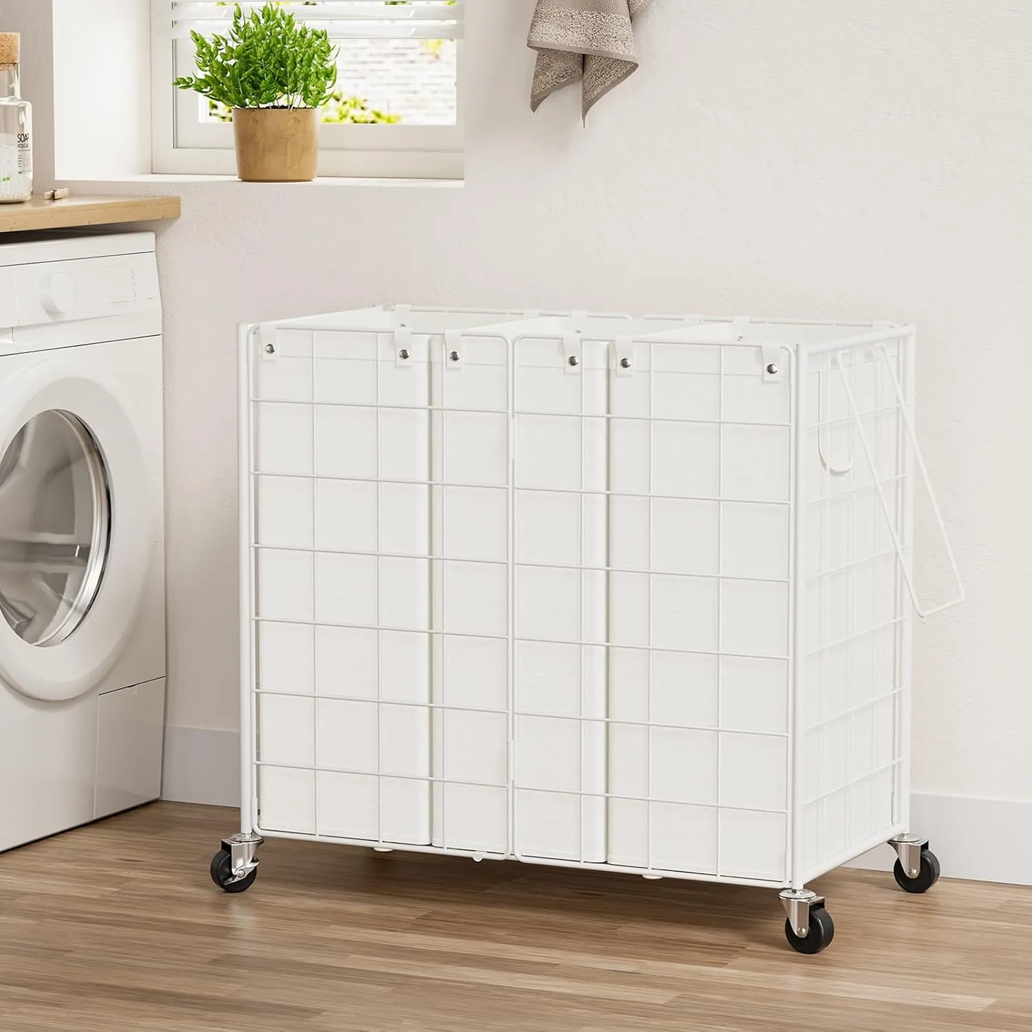 WOWLIVE Laundry Hamper with Wheels,Metal Wire Frame Rolling Laundry Basket 3 Section with Removable bags,155L Dirty Clothes Hamper Organizer Dorm Room Storage for Bedroom,Bathroom,White